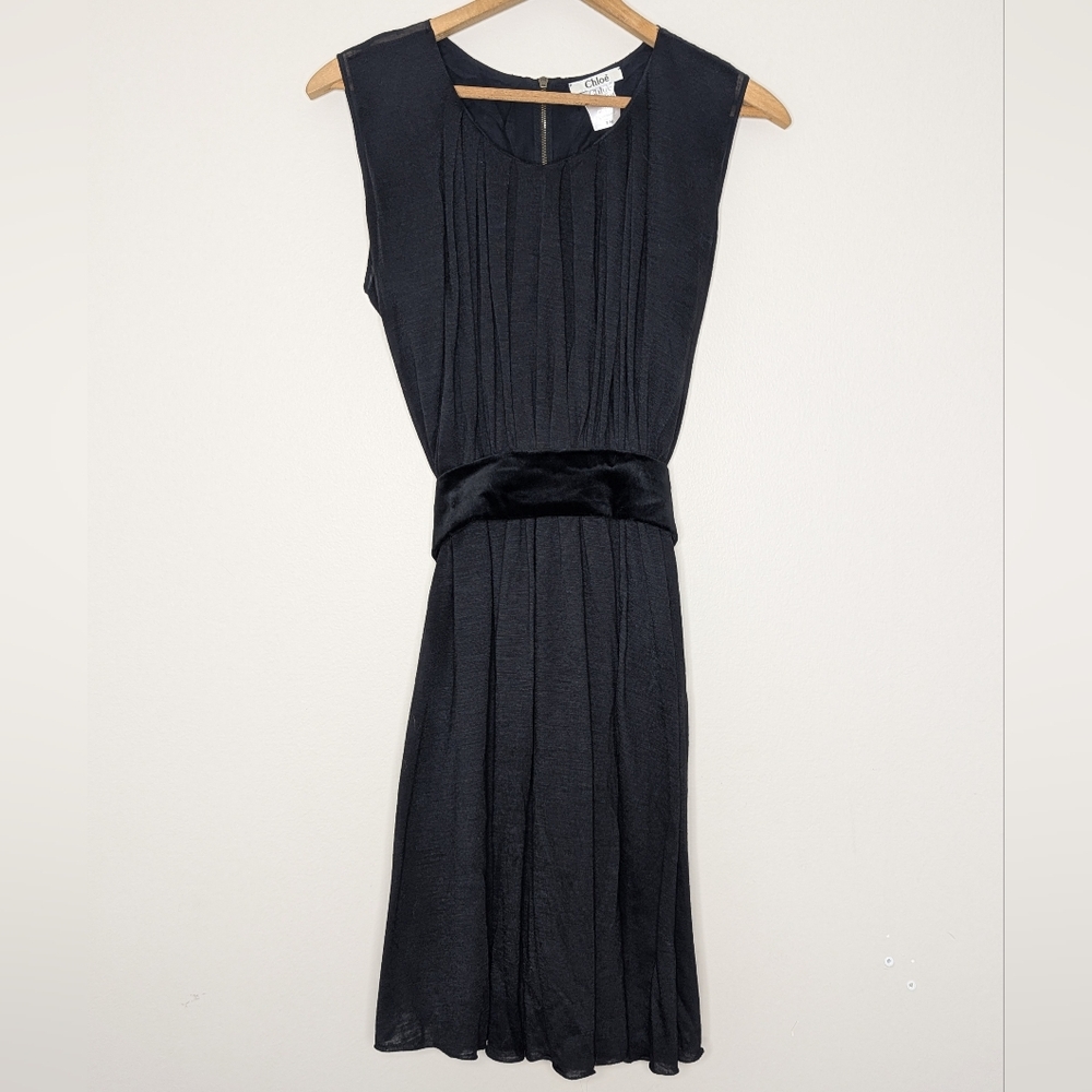Chloé 2006 Vintage Italian Wool Cocktail Mini Dress Velvet Sash Scoop Neck Med